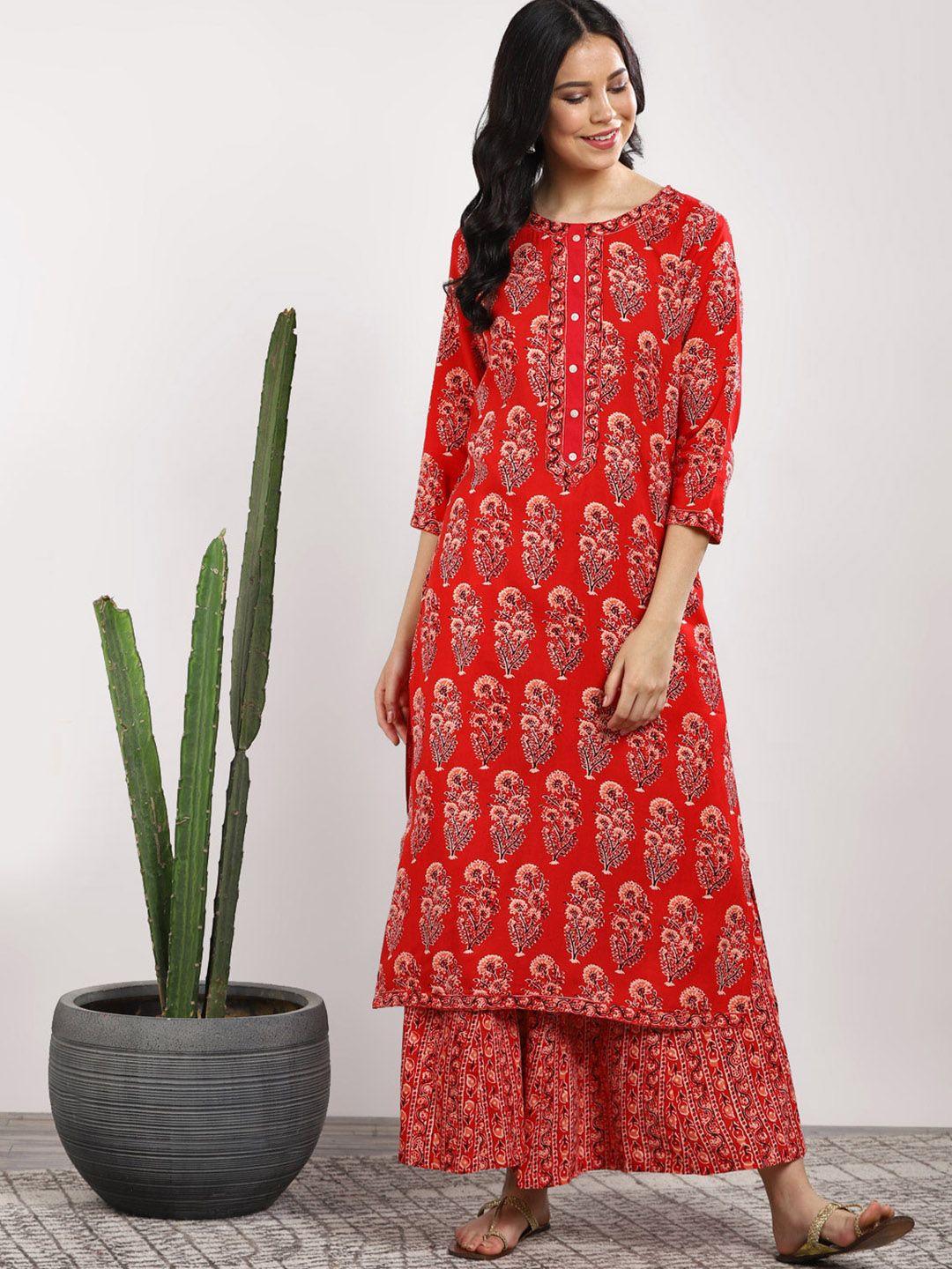 sangria women red printed kurta with palazzos