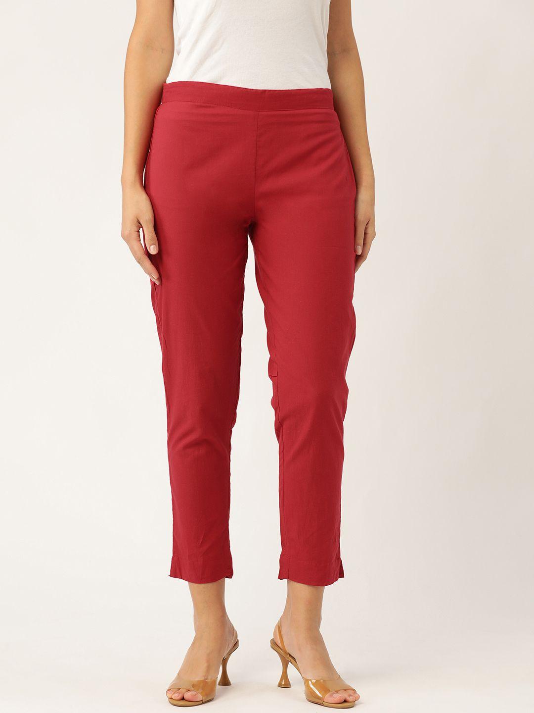 sangria women red regular fit solid cropped trousers