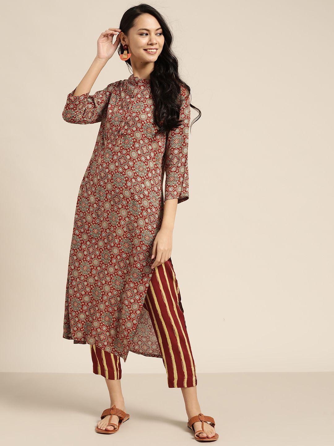 sangria women rust brown & black ethnic motifs print pure cotton straight kurta & trousers