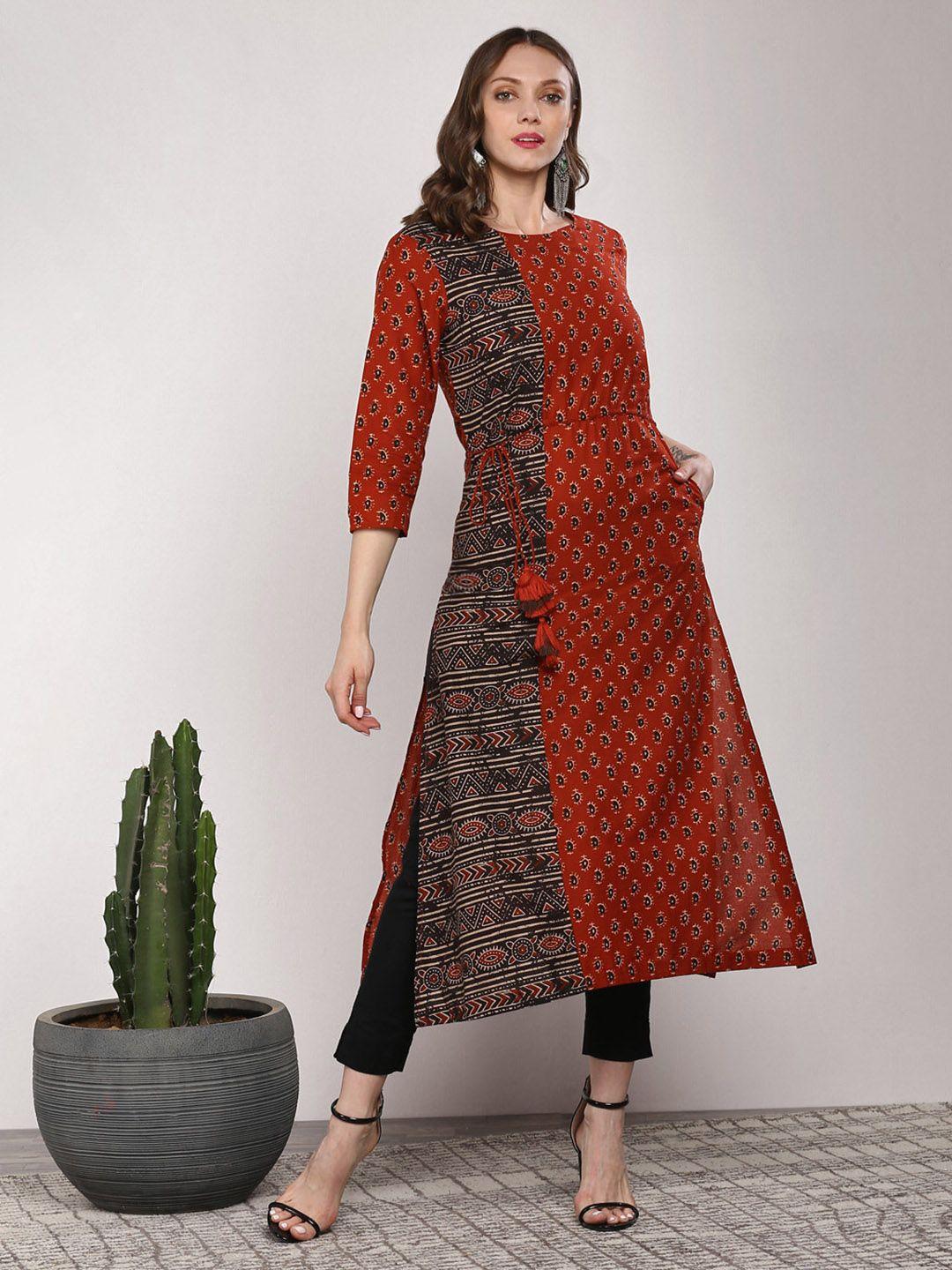 sangria women rust orange & black printed a-line kurta