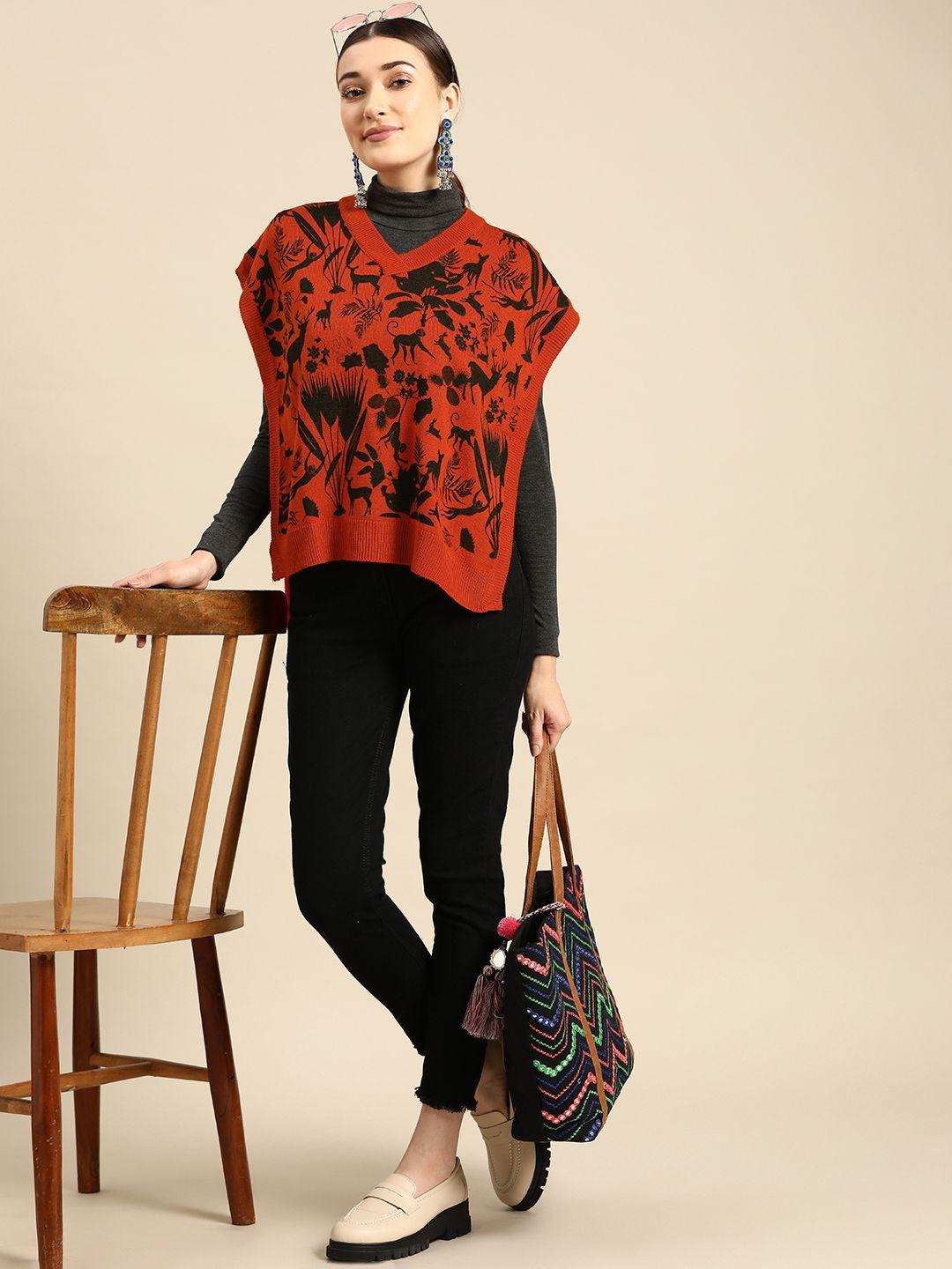 sangria women rust orange & black printed acrylic poncho