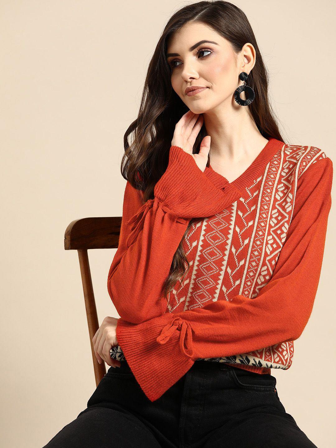 sangria women rust orange & cream-coloured printed pullover