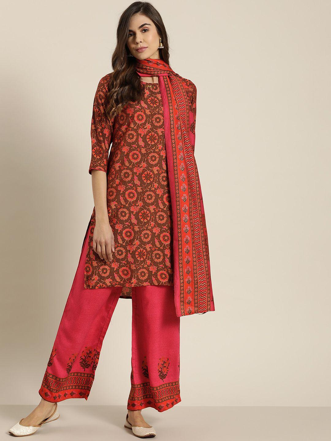 sangria women rust red & pink foil printed kurta set