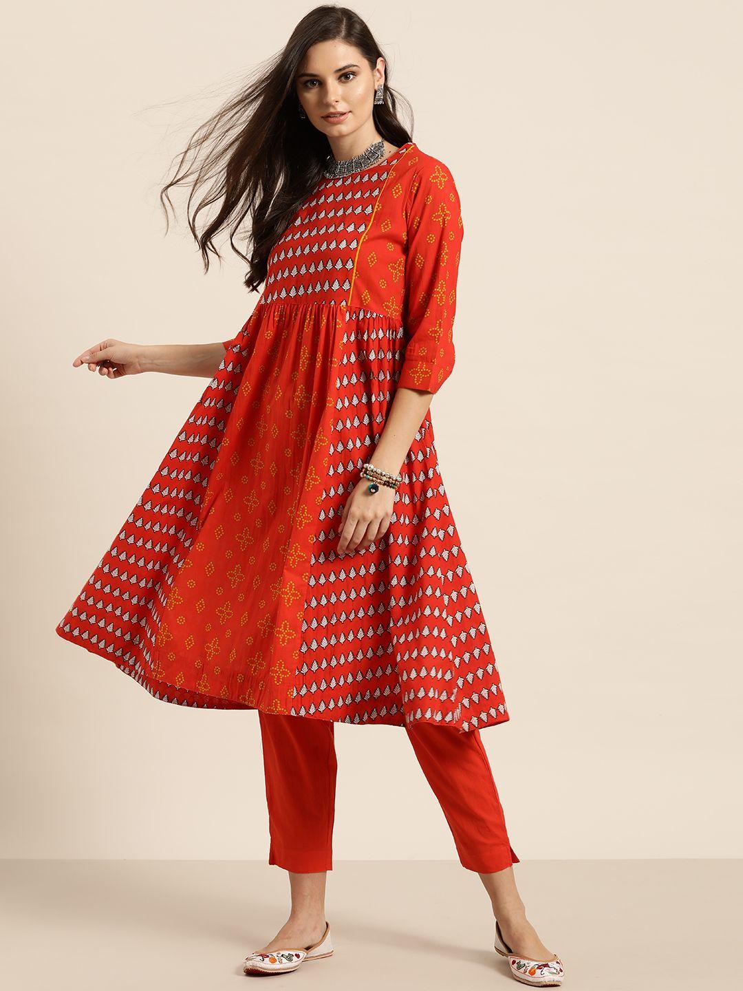 sangria women rust red & white pure cotton printed kurta with palazzos