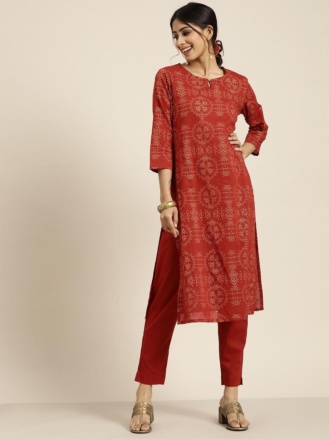 sangria women rust red ethnic motifs printed pure cotton kurta with trousers