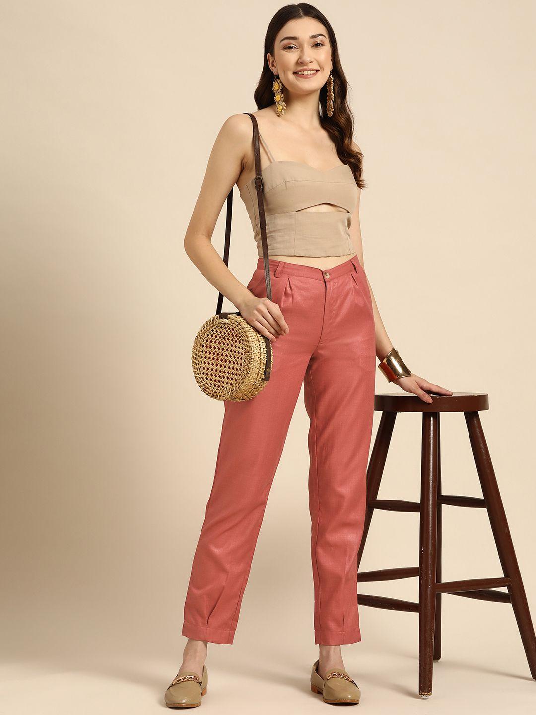 sangria women rust straight fit high-rise pleated trousers