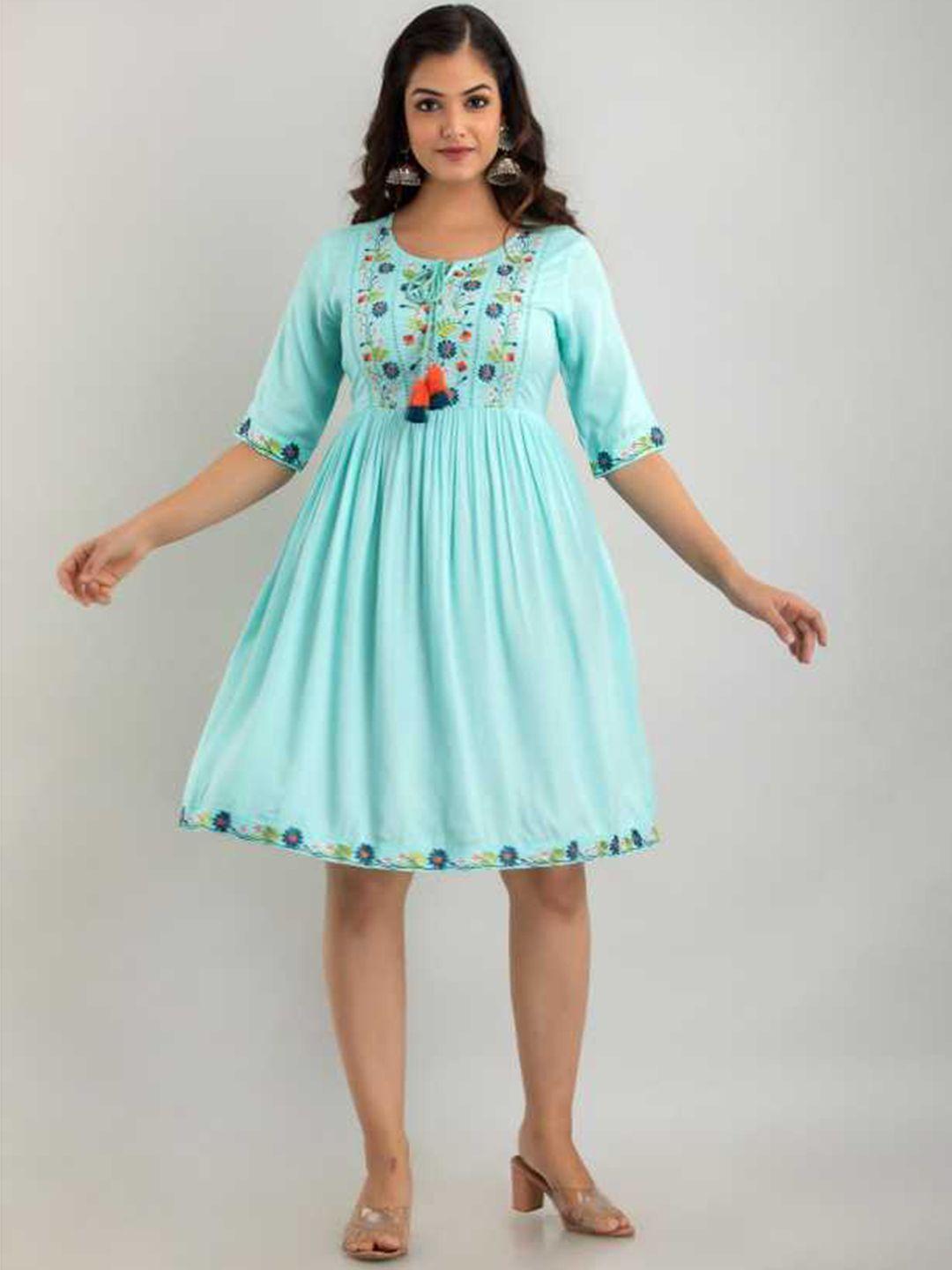 sangria women sea green & navy blue floral embroidered ethnic dress