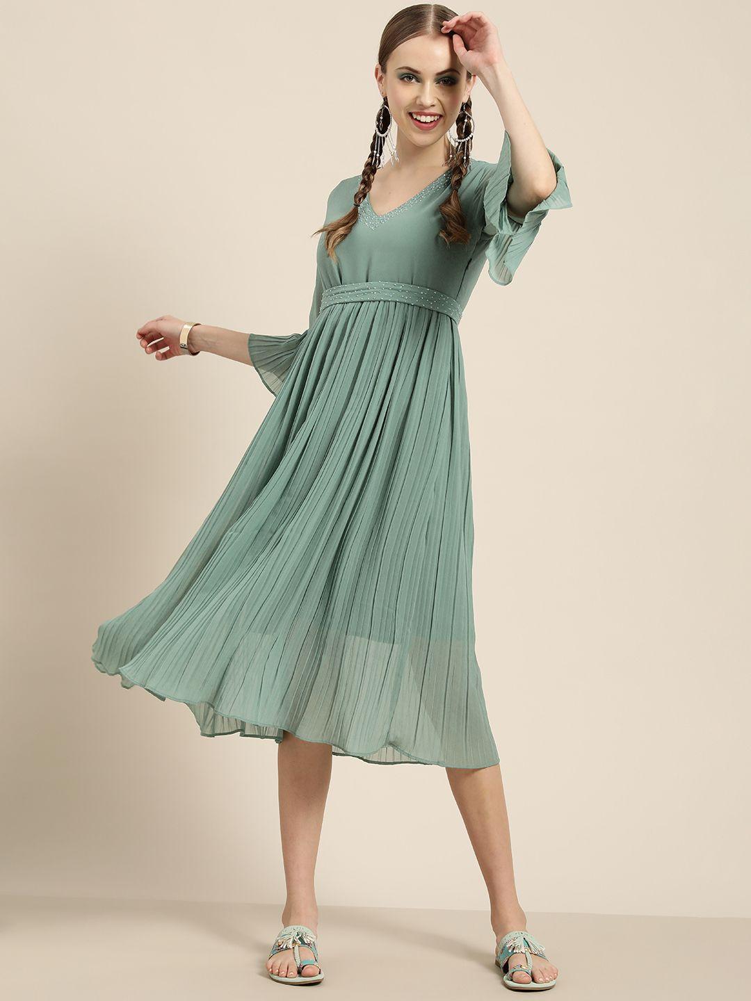 sangria women sea green embellished detail a-line dress comes with a belt