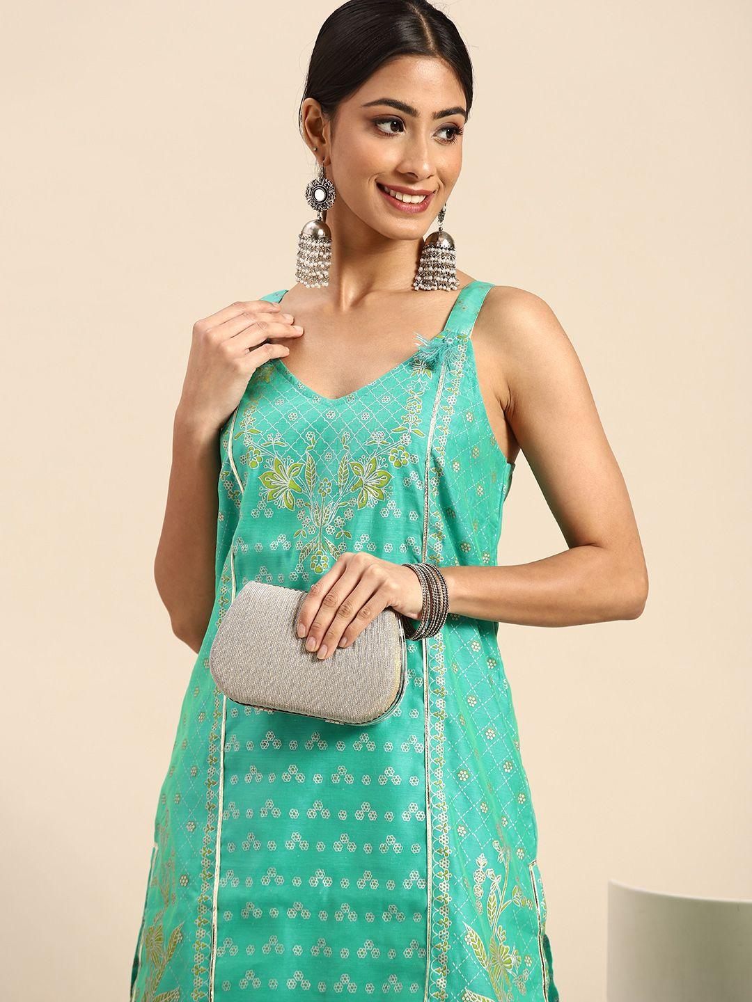 sangria women sea green ethnic motifs printed gotta patti kurta with sharara