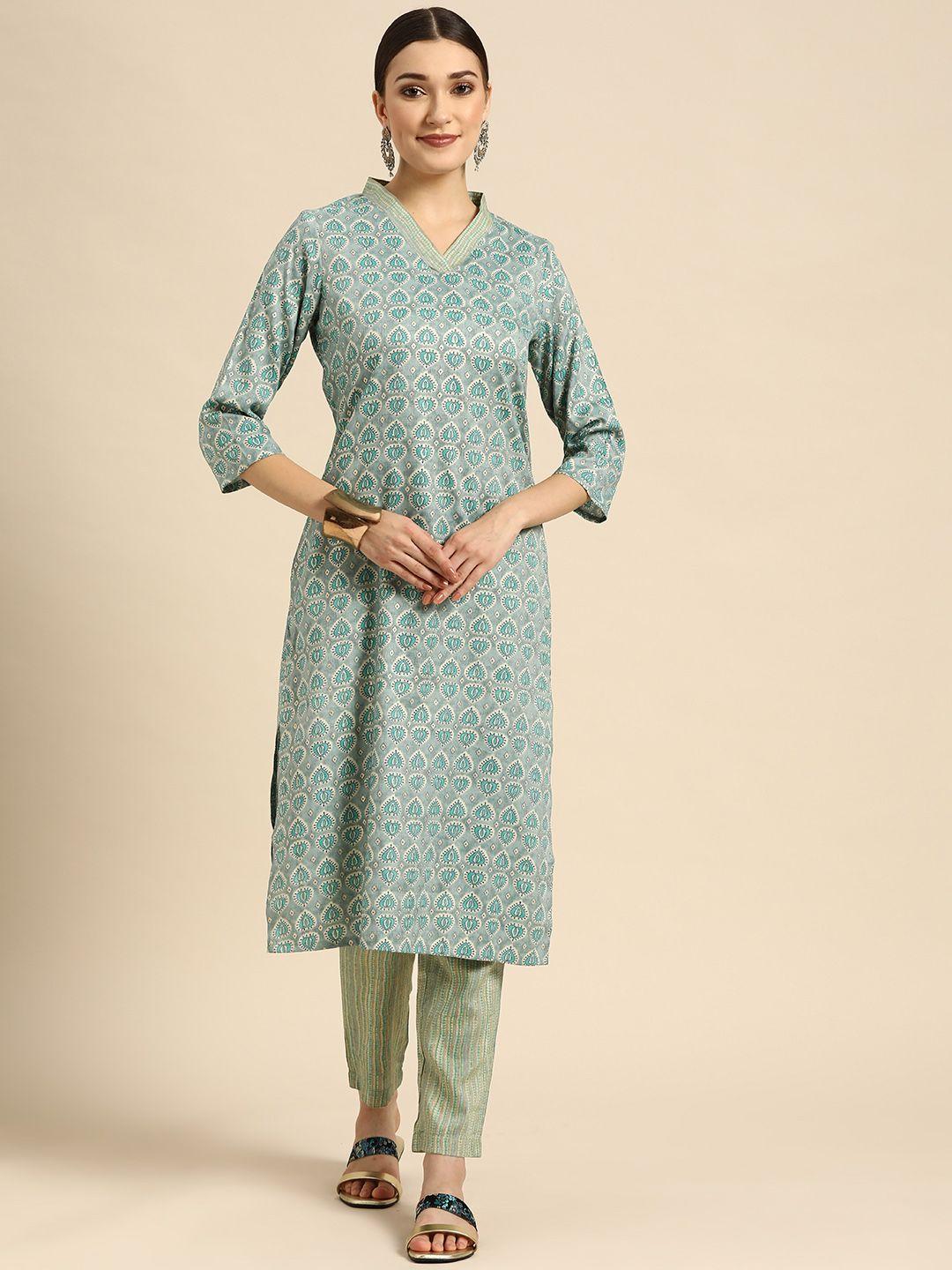 sangria women sea green ethnic motifs printed kurta with trousers