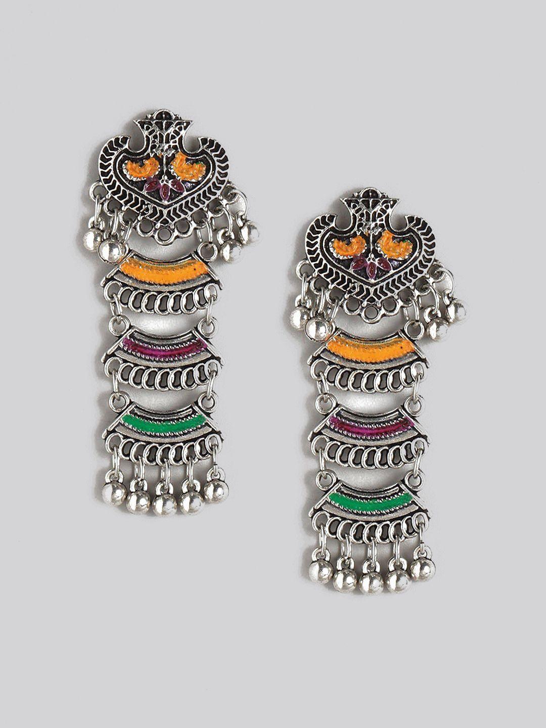 sangria women silver-toned & orange contemporary drop earrings