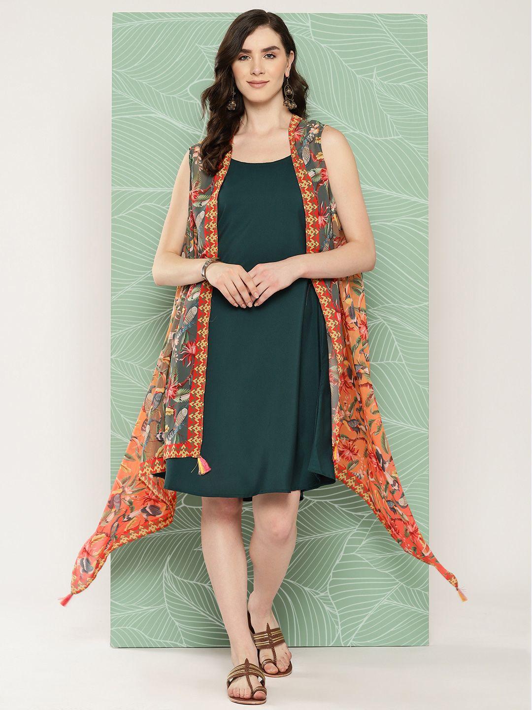 sangria women solid a-line dress with printed waterfall shrug