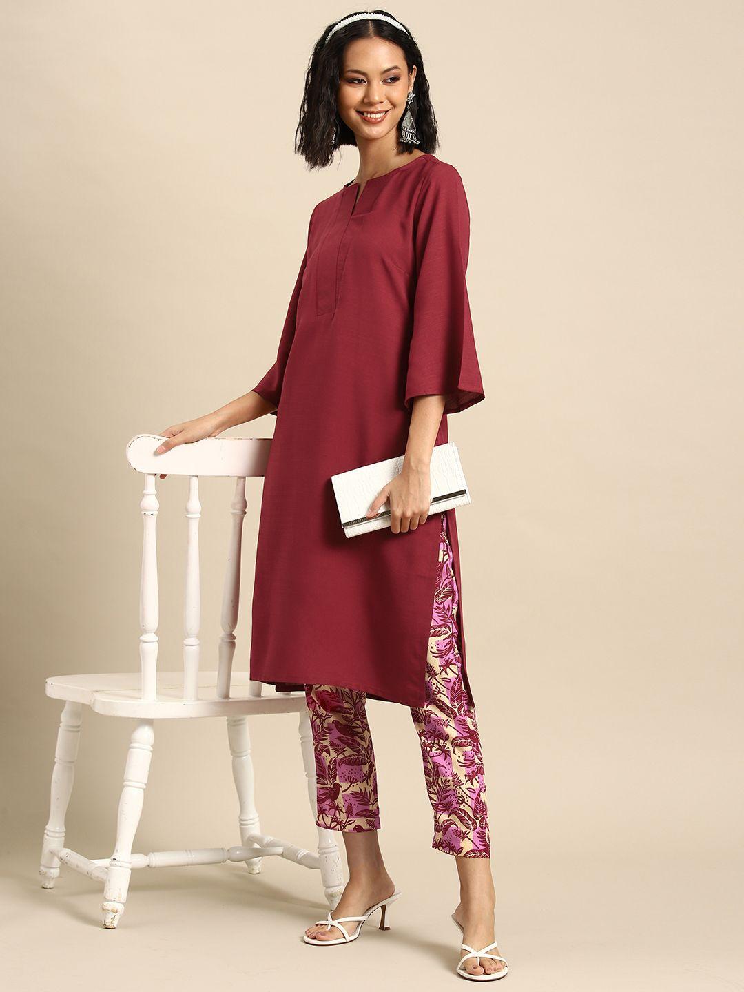 sangria women solid ethnic motifs straight kurta with printed trousers