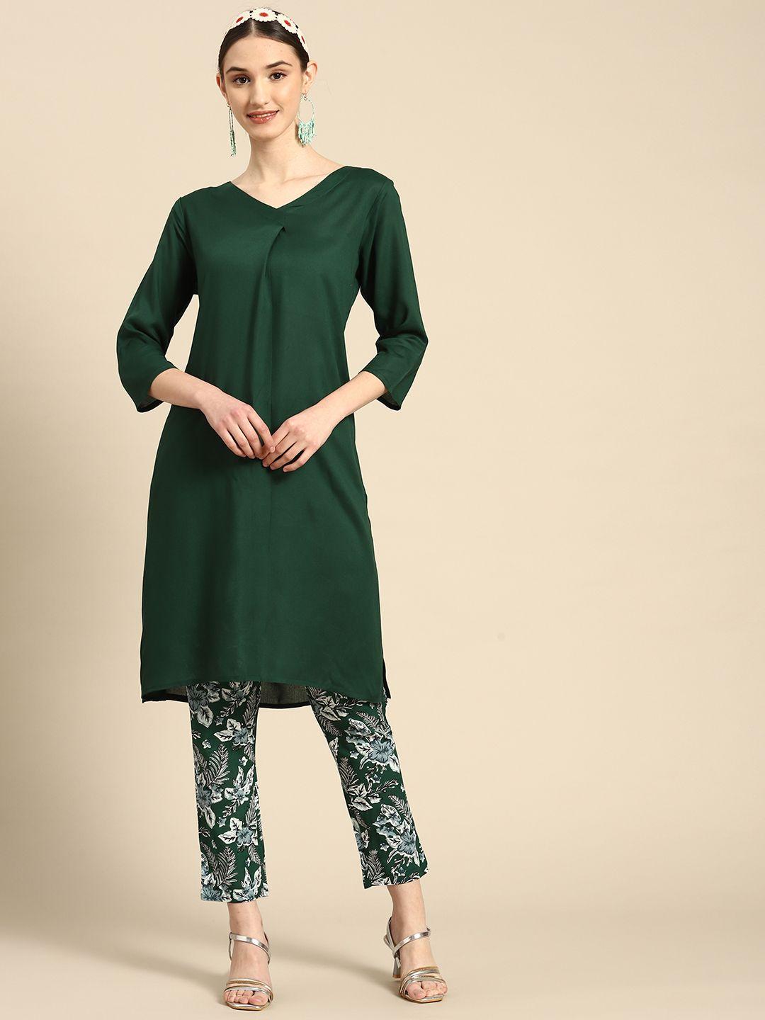 sangria women solid kurta with floral printed trousers