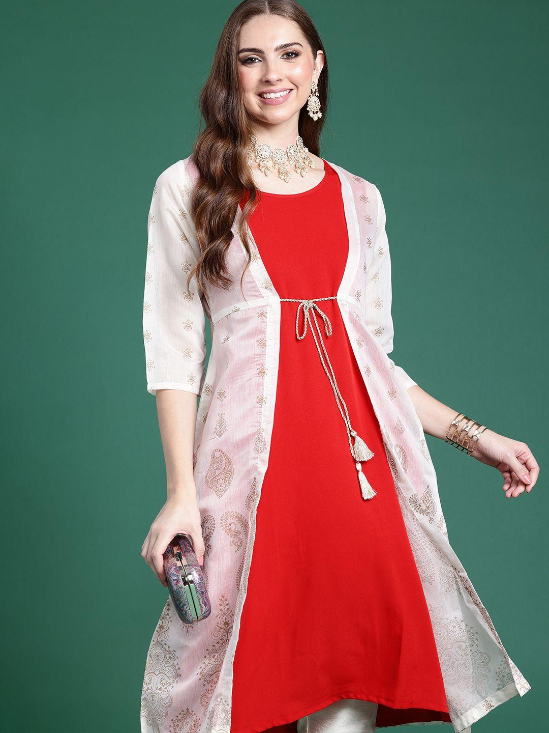 sangria women solid kurta with shrug