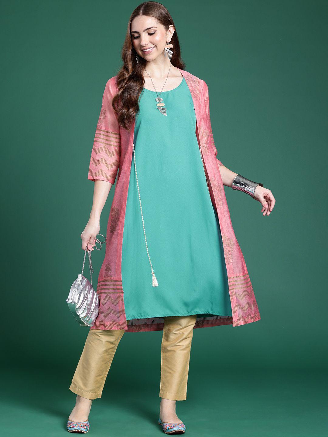 sangria women solid kurta with shrug