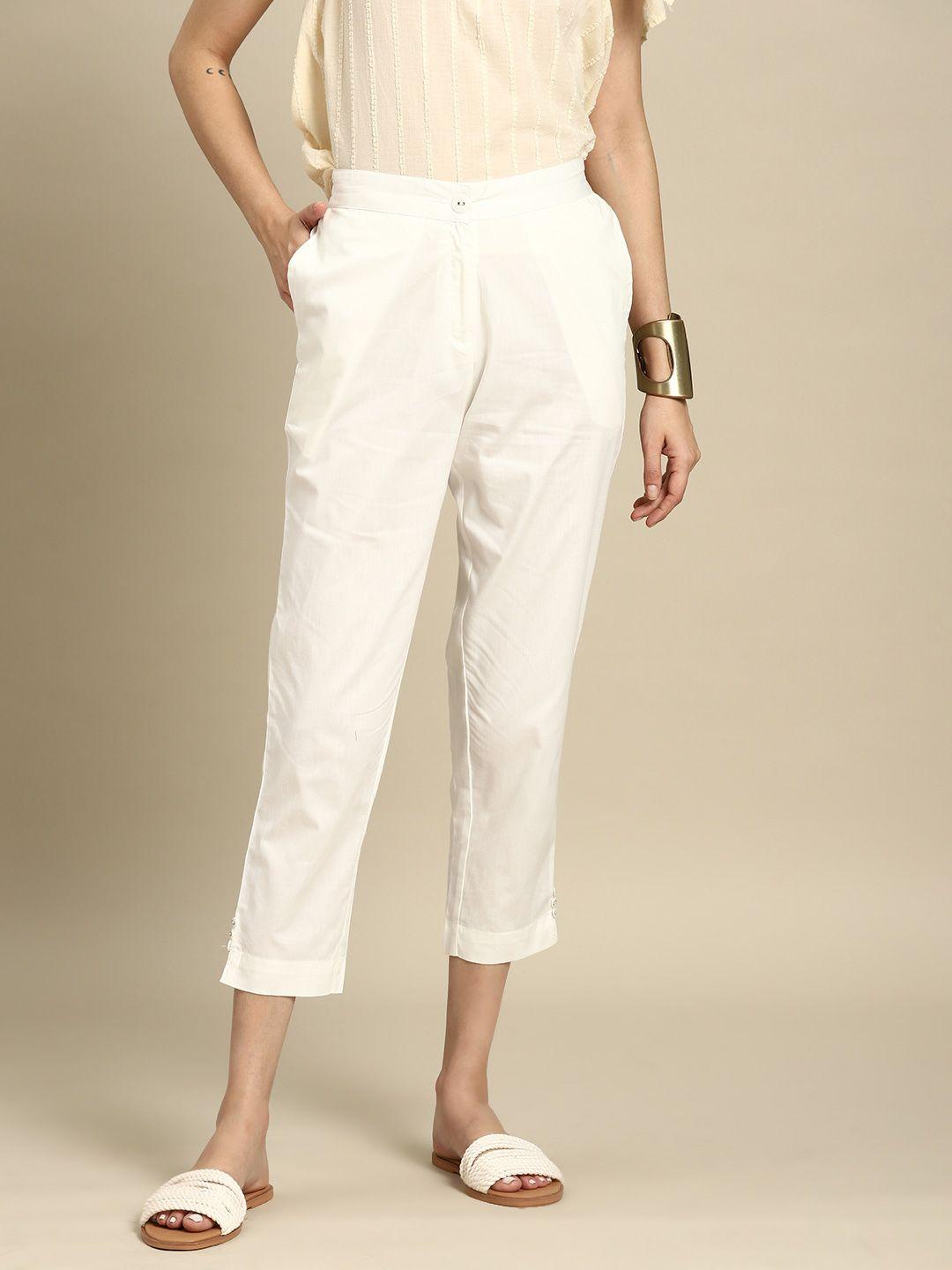 sangria women straight fit cotton cigarette trousers