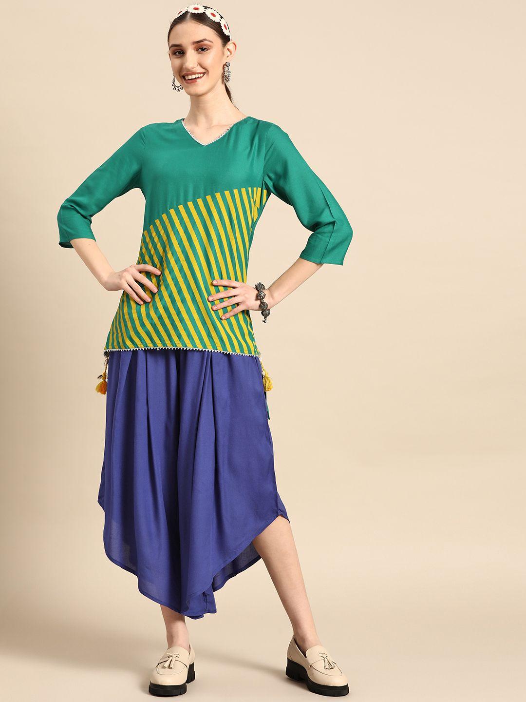 sangria women striped kurti with asymmetric palazzos