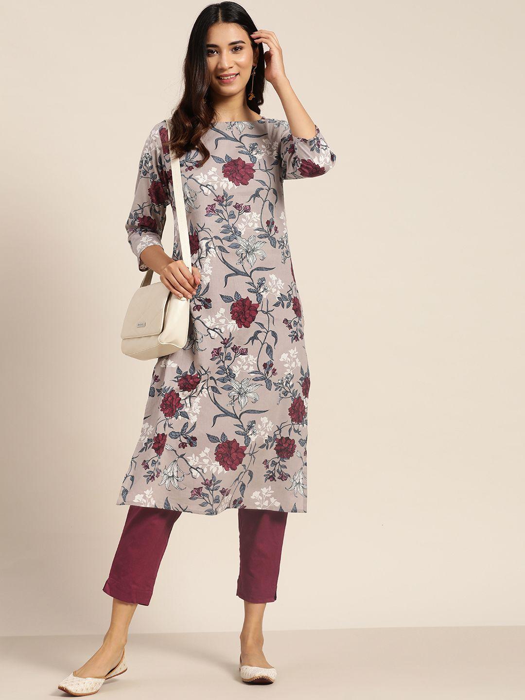 sangria women taupe & maroon floral printed regular kurta with trousers