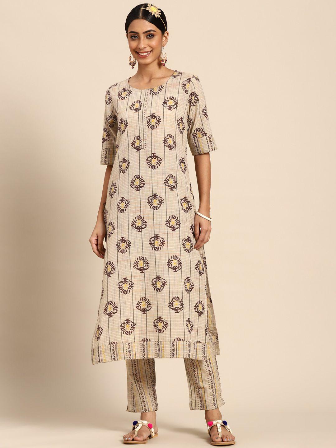 sangria women taupe ethnic motifs printed kurta with trousers