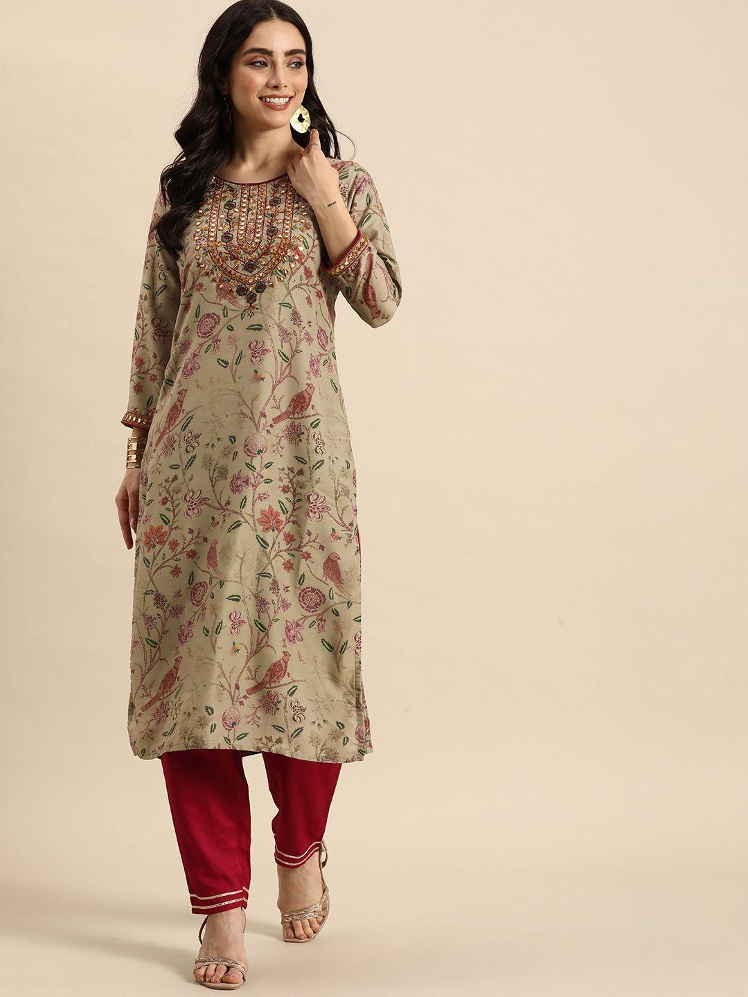 sangria women taupe floral embroidered gotta patti kurta with trousers