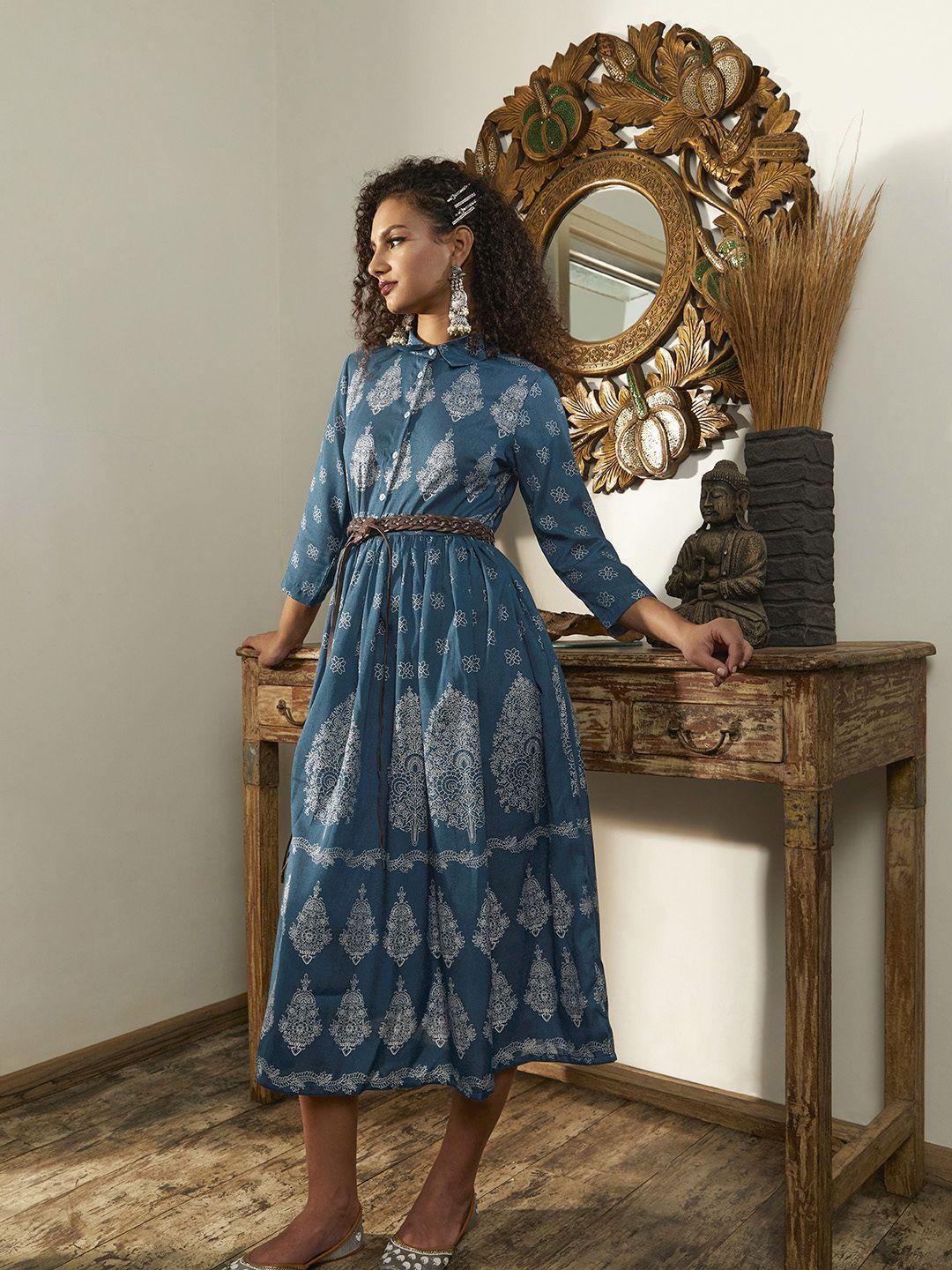 sangria women teal blue & golden ethnic motif printed a-line midi dress