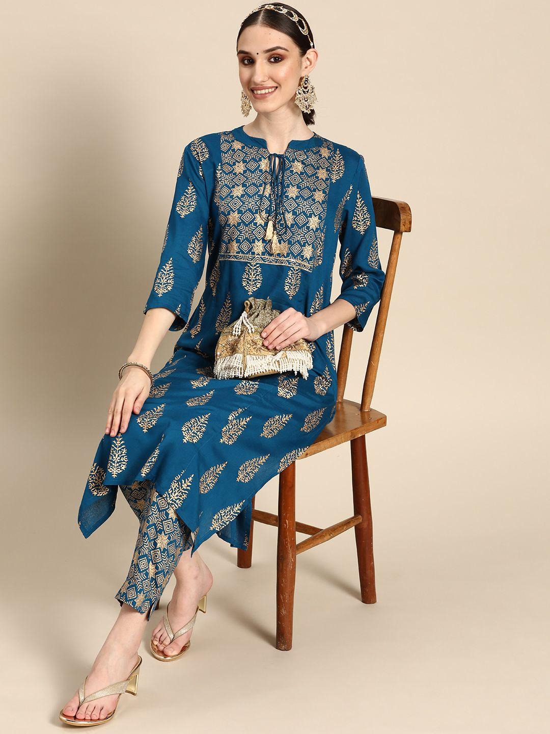 sangria women teal blue & golden ethnic motifs printed kurta with trousers