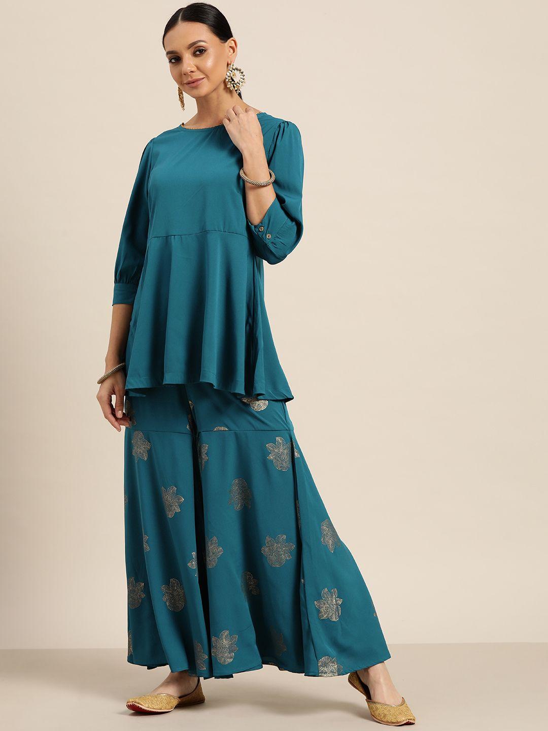 sangria women teal blue & golden ethnic printed kurti with sharara