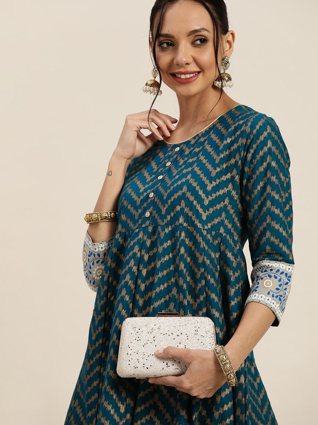 sangria women teal blue & golden geometric panelled pure cotton kurta with palazzos