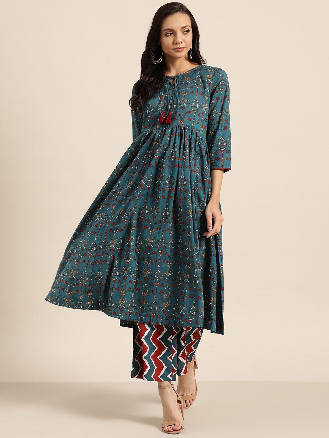 sangria women teal blue & maroon printed kurta with palazzos