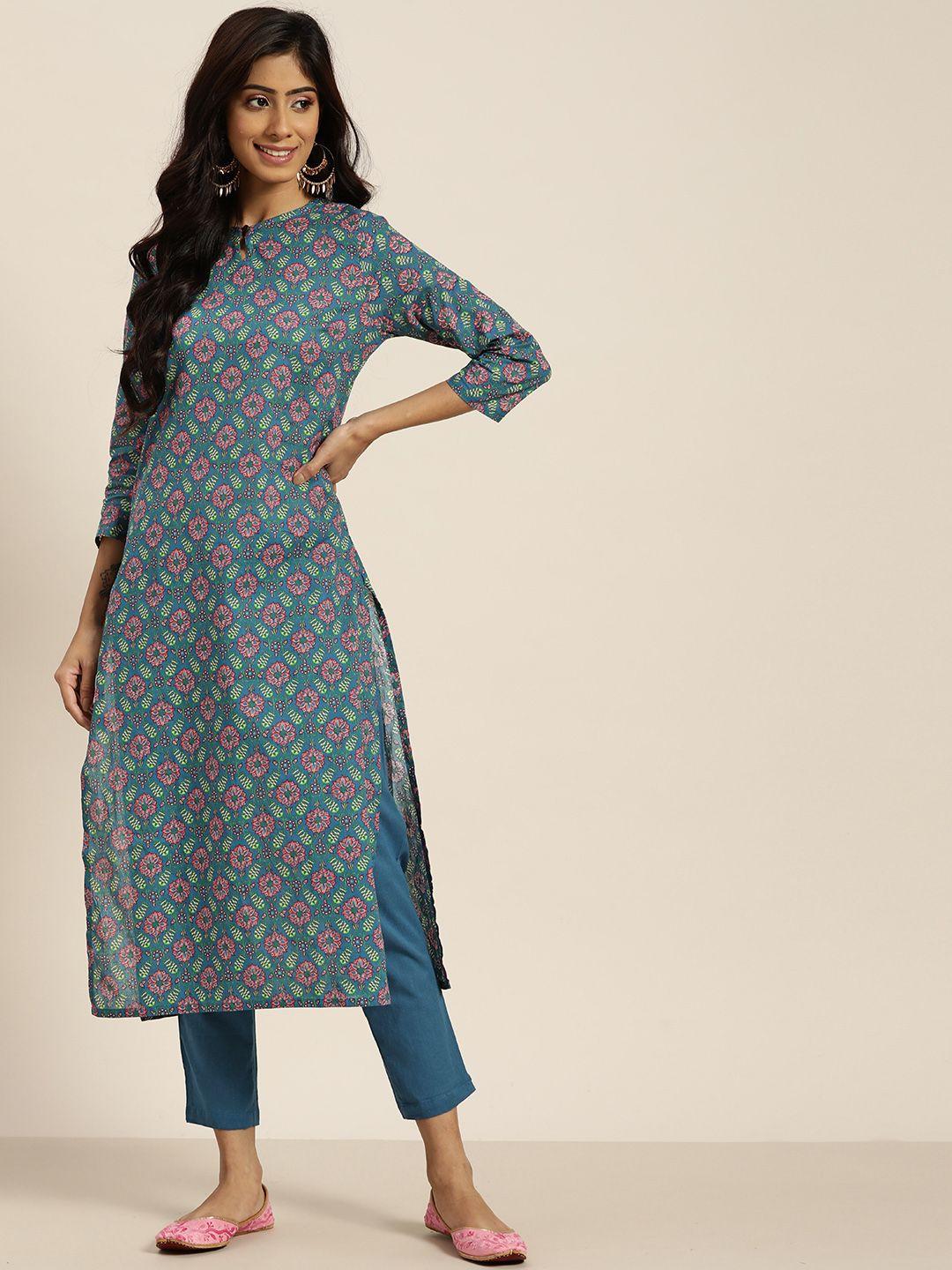 sangria women teal blue & pink motifs print pure cotton straight kurta with trousers