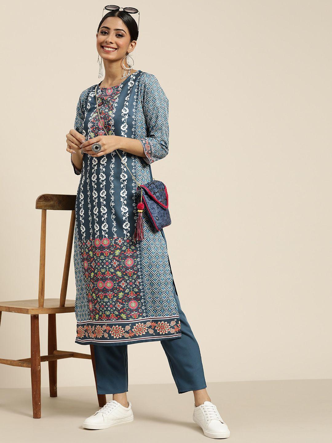 sangria women teal blue & white ethnic printed straight kurta with trousers