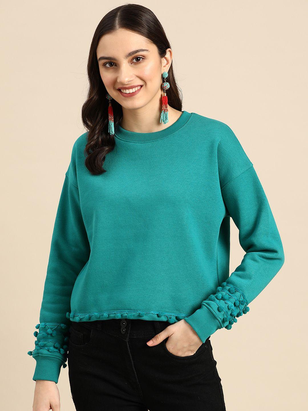 sangria women teal green solid pom-pom detail sweatshirt