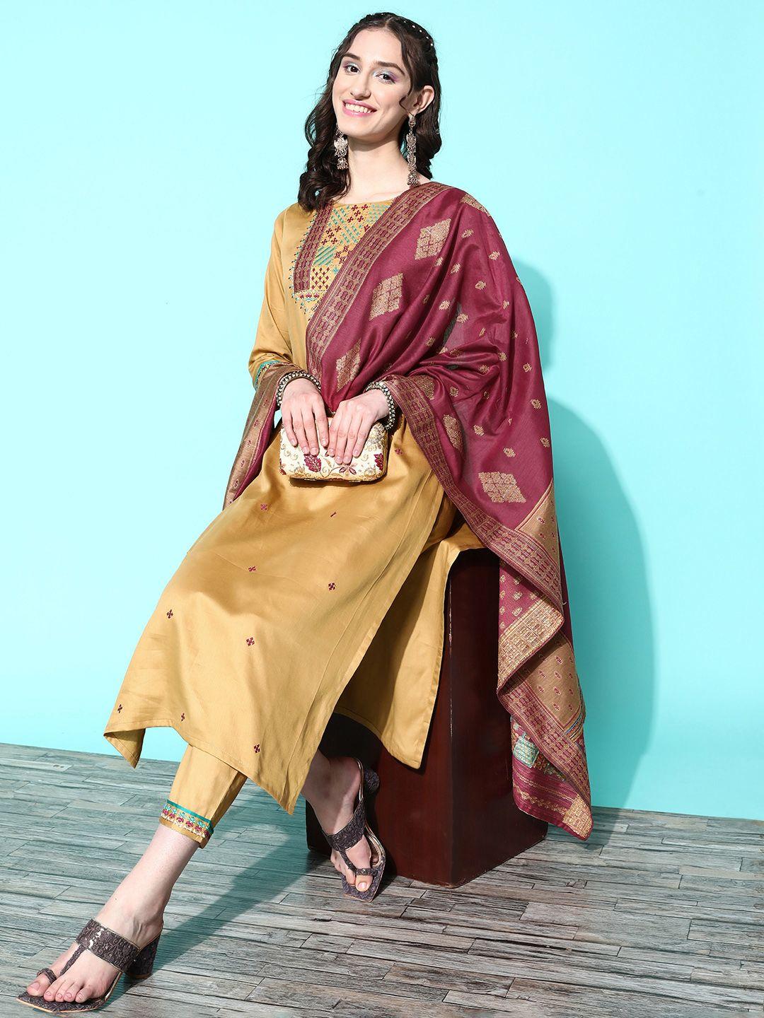 sangria women thread work kurta with trousers & with dupatta