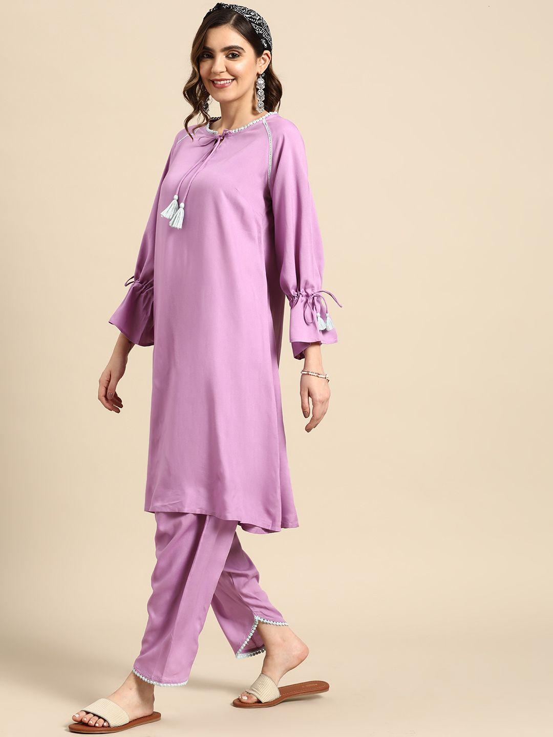 sangria women tie-up neck bell sleeves pleated a-line kurta with salwar