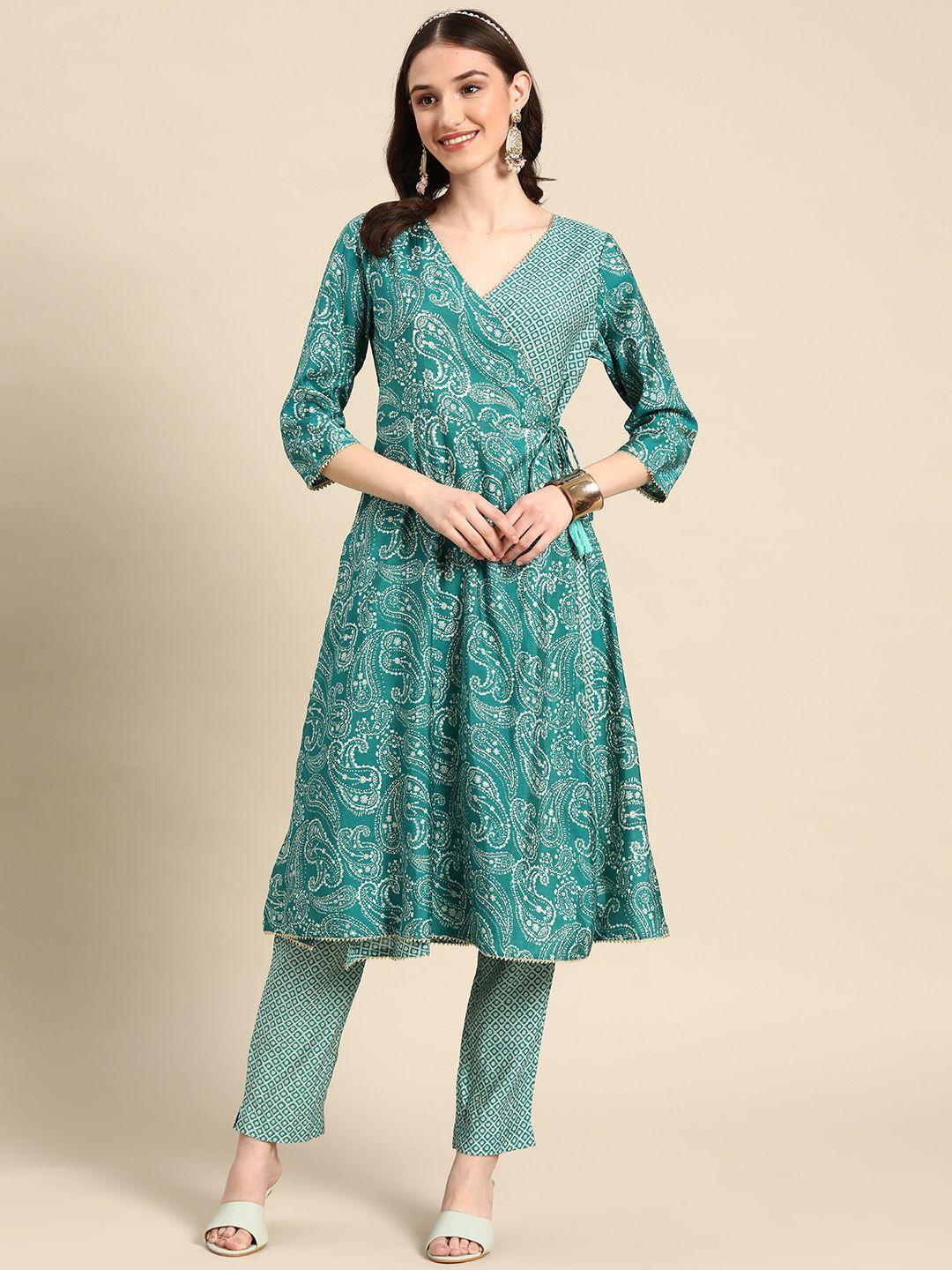 sangria women turquoise blue paisley printed angrakha gotta patti kurta with trousers