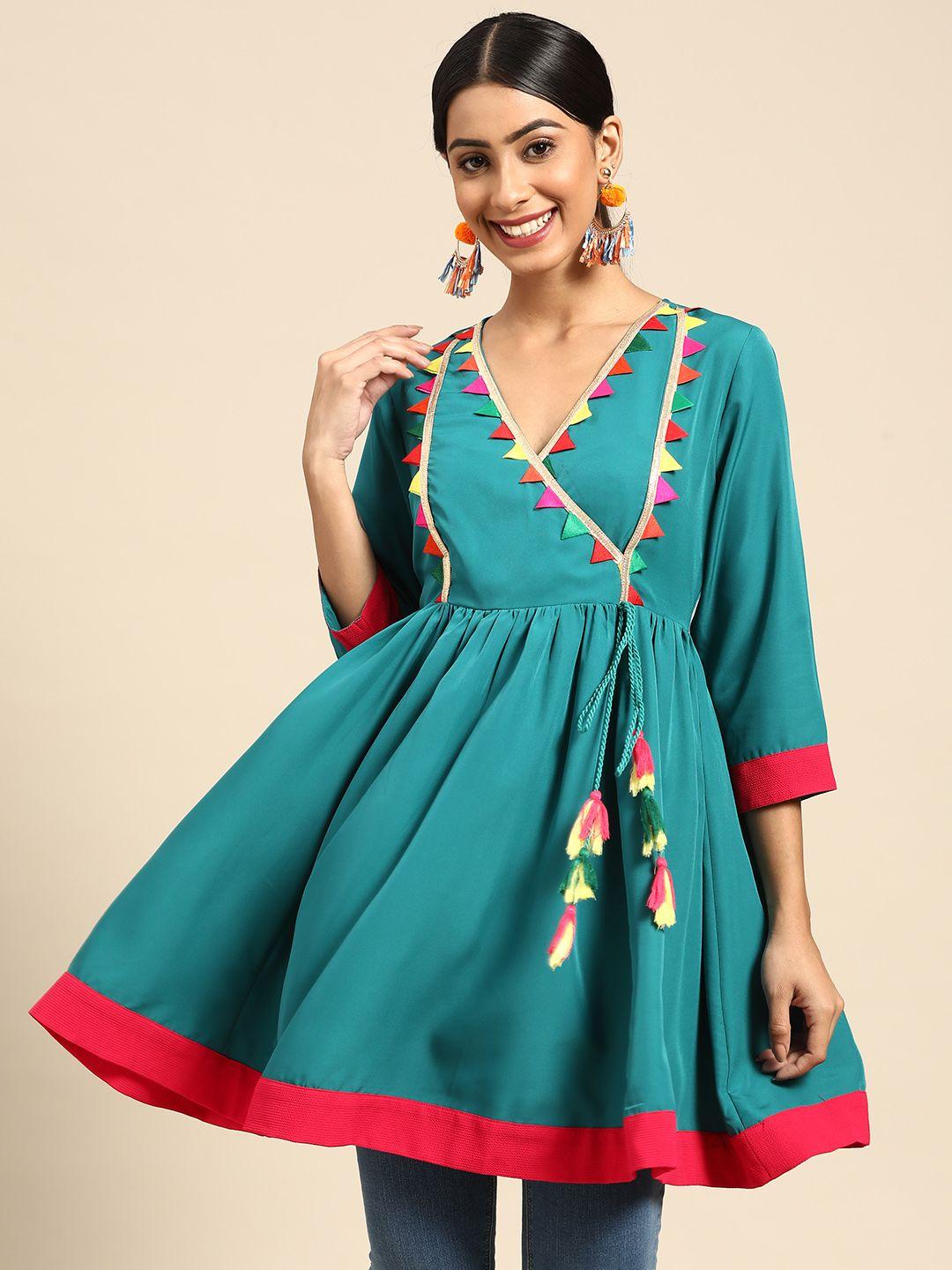 sangria women turquoise blue solid gotta patti angarakha tunic