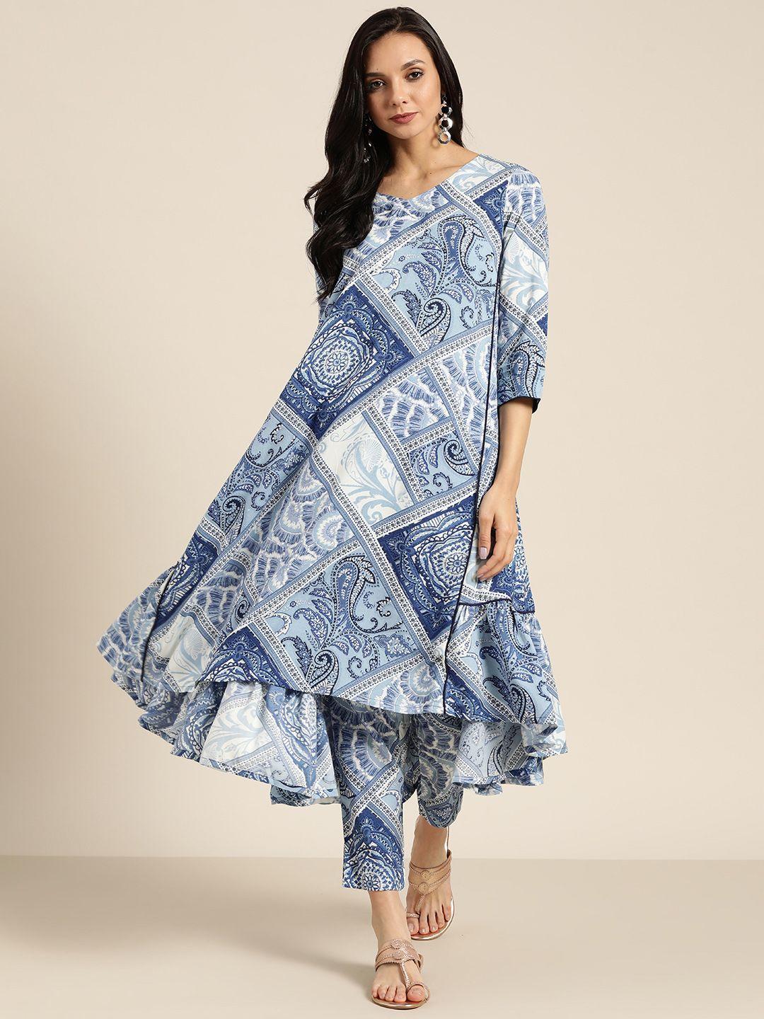 sangria women white & blue printed a-line kurta with trousers