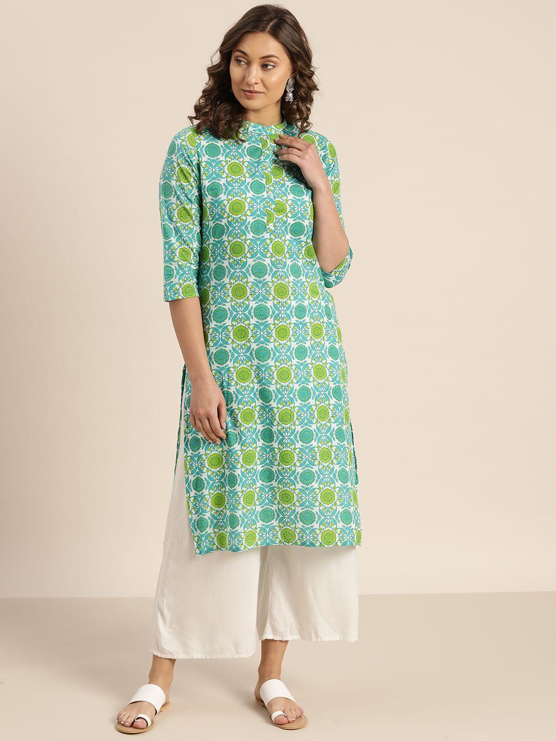 sangria women white & blue printed straight kurta