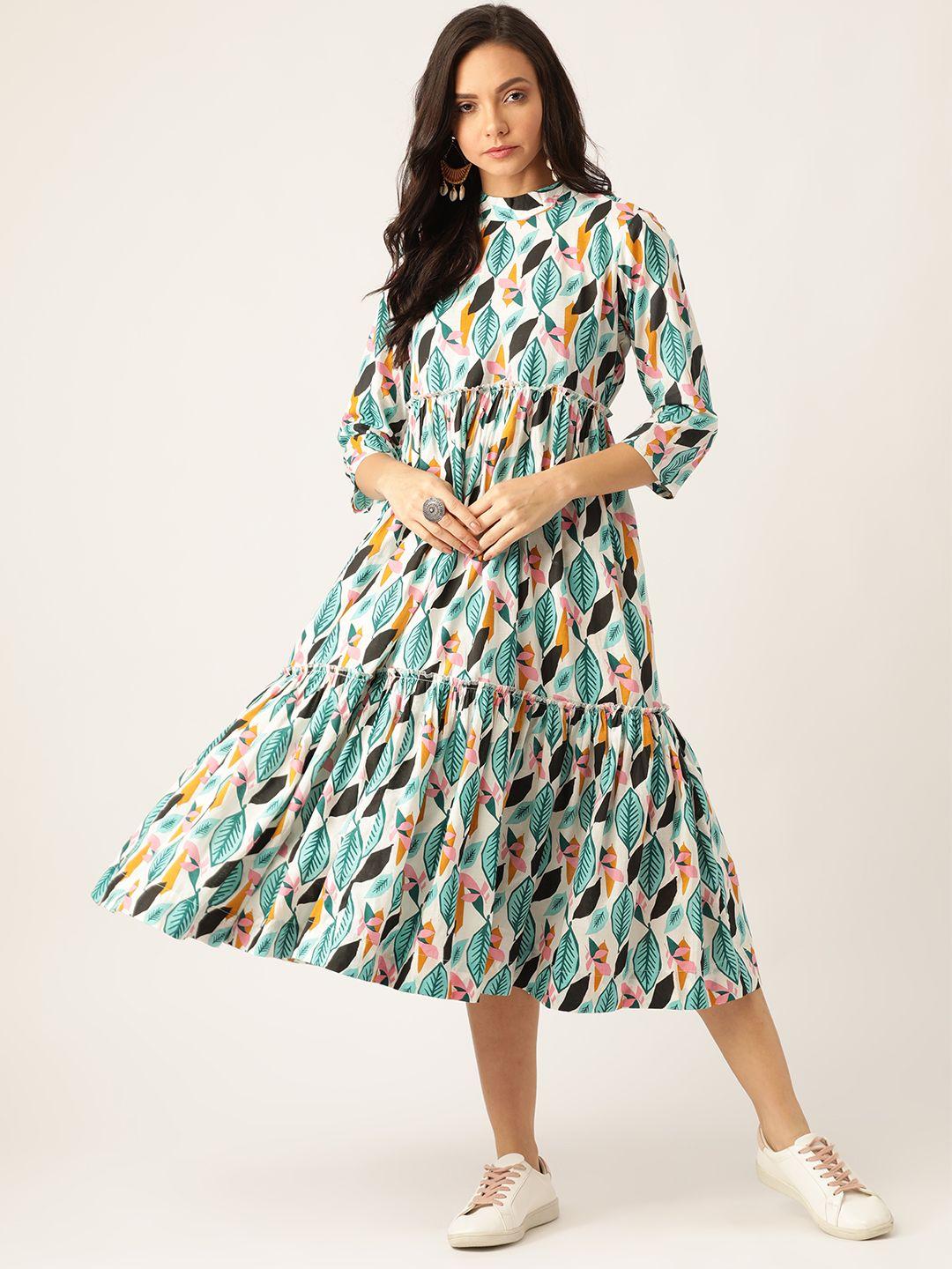 sangria women white & blue printed tiered a-line dress
