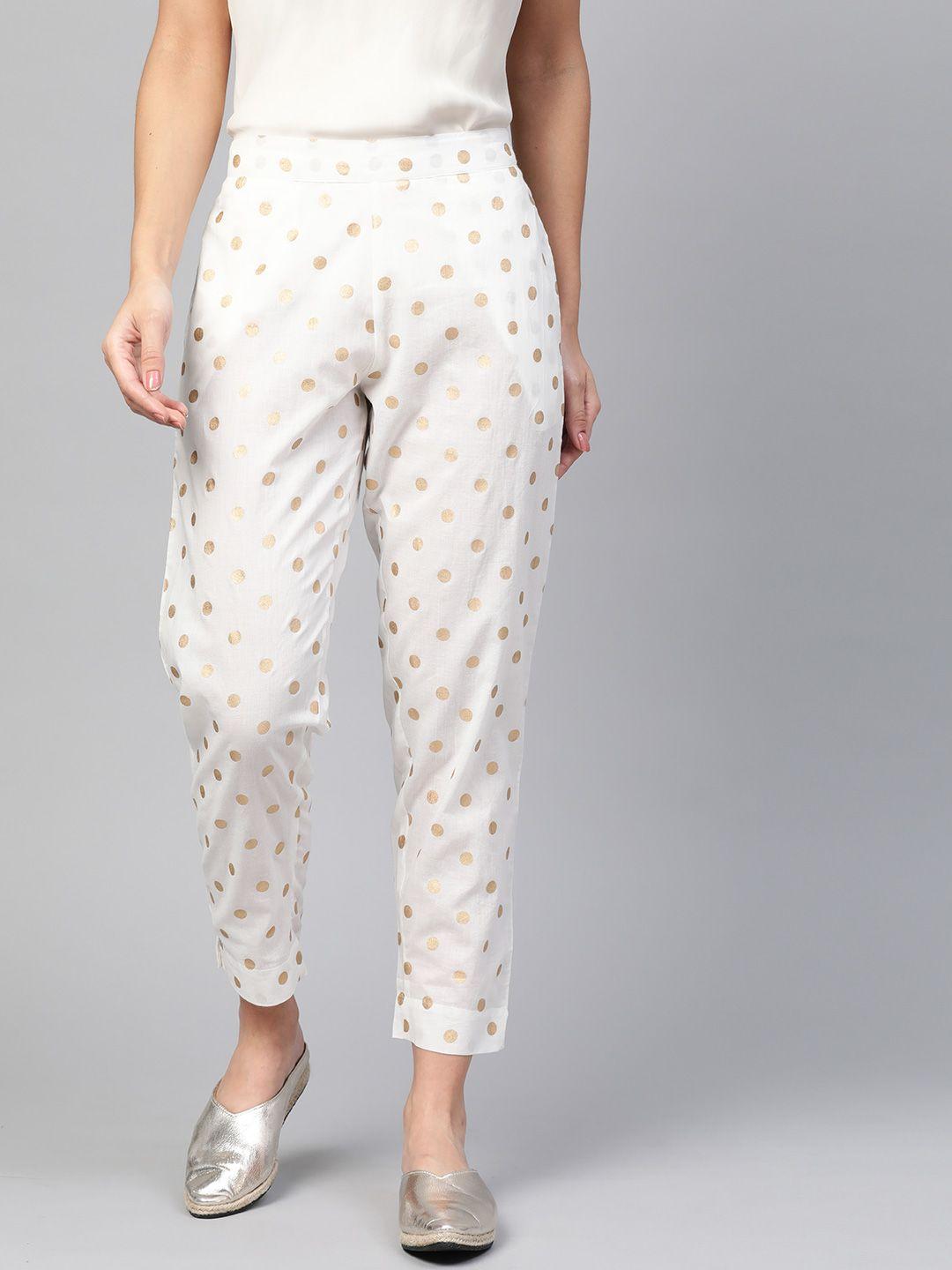sangria women white & golden regular fit polka dots printed cropped trousers