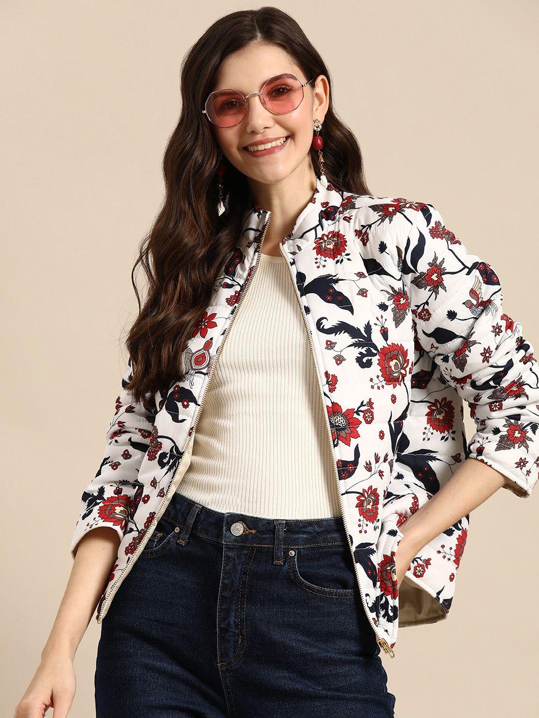 sangria women white & navy blue printed padded jacket