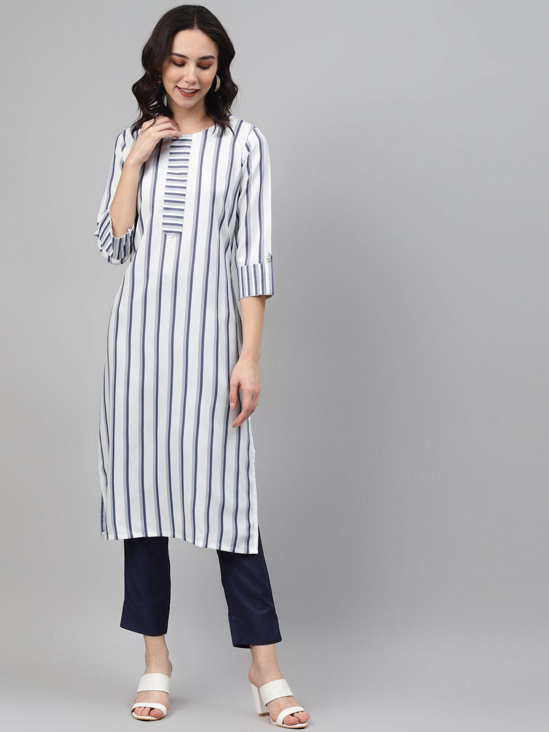 sangria women white & navy blue striped kurta with trousers