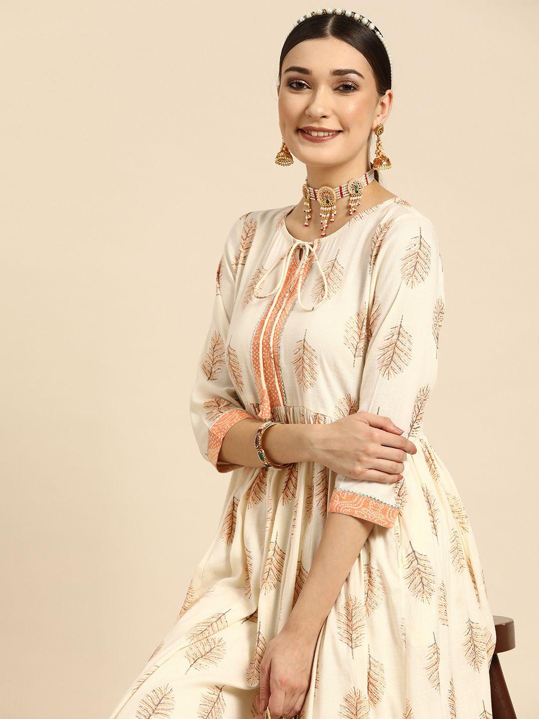 sangria women white & orange ethnic motifs printed keyhole neck anarkali kurta