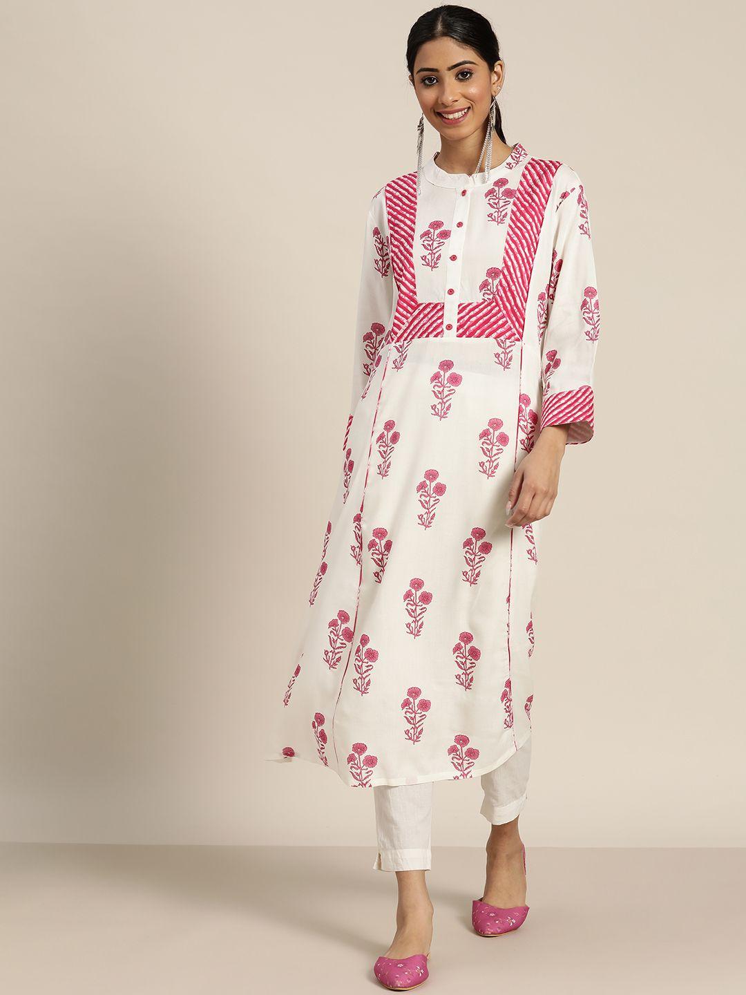 sangria women white & pink ethnic motifs printed kurta