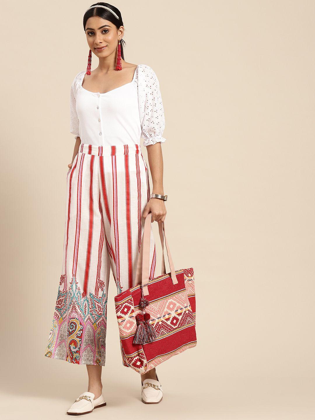 sangria women white & red striped cropped ethnic wide leg cotton palazzos