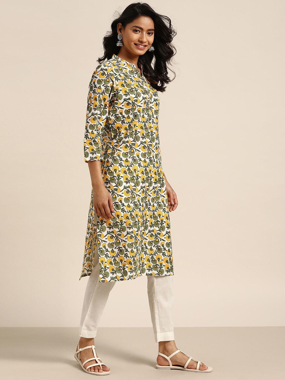 sangria women white & yellow floral print pure cotton kurta