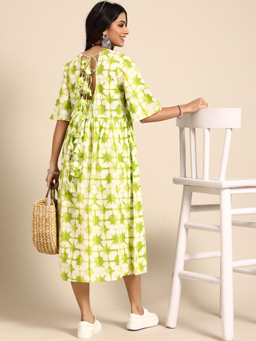 sangria women white and green pure cotton printed a-line dress