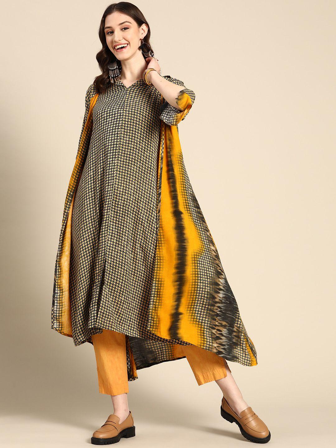 sangria women yellow & black geometric printed flared sleeves kurta with slip