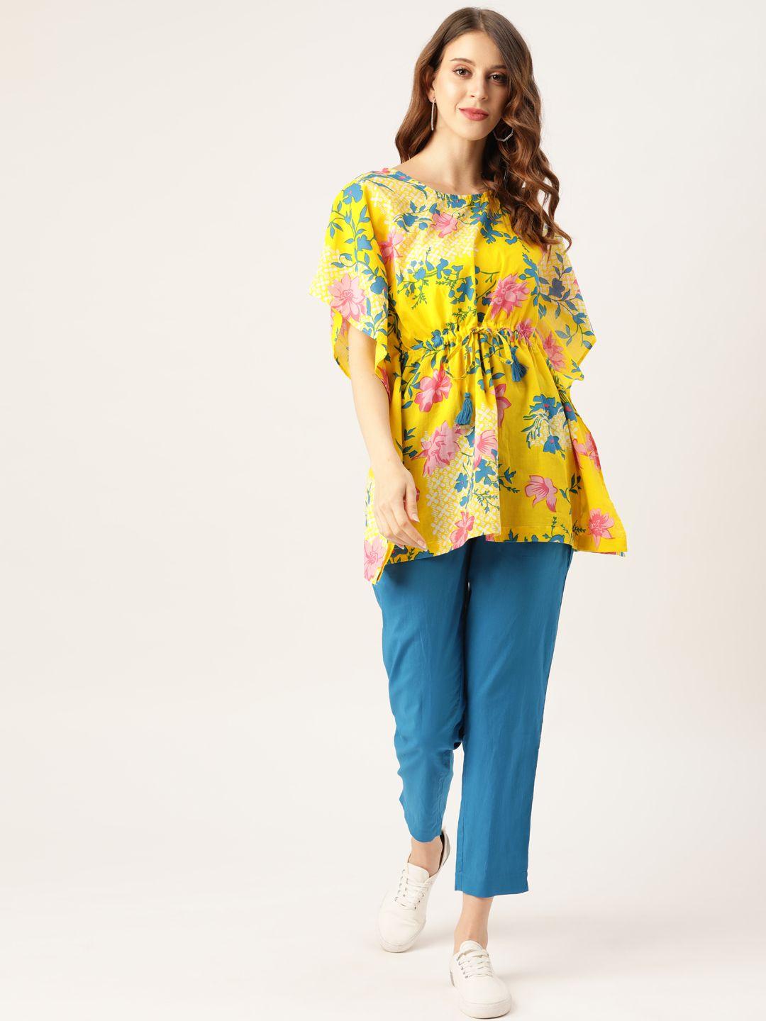 sangria women yellow & blue pure cotton floral print tunic with trousers